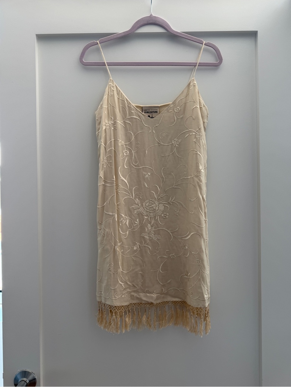 Vintage-Inspired Embroidered Slip Dress with Fringe – Beige